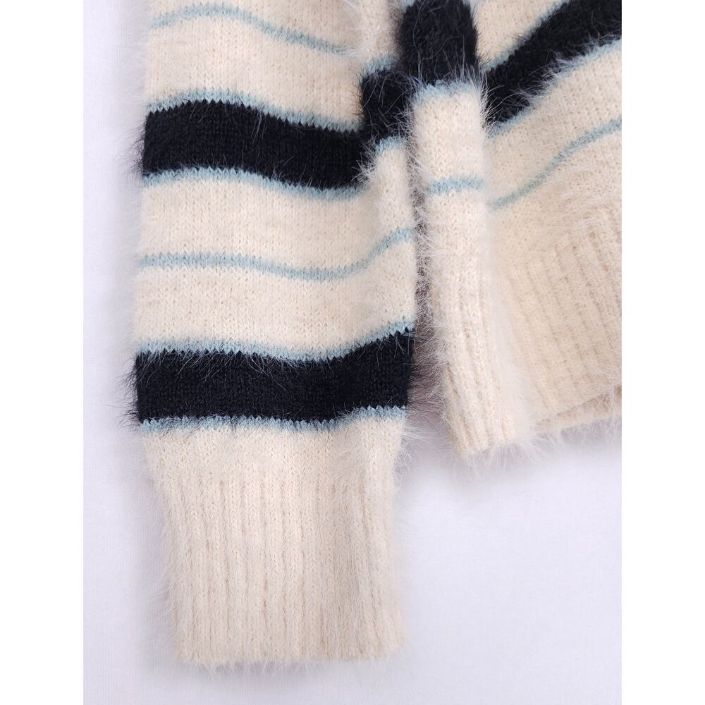 Mode Of One Mens Relaxed Fit Striped Sweater Sz Small Dark Ecru Eyelash Yarn NWT - Picture 4 of 5
